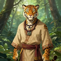 character portrait feature of the anthro male anthropomorphic jungle cat jaguar fursona animal person wearing shaman outfit robes belt in the amazon rainforest, character design stylized by charlie bowater, ross tran, artgerm, makoto shinkai, detailed, soft lighting, rendered in octane