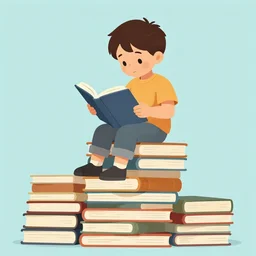 a four year old boy sits on top of a tall pile of books, reading. clear, detailed face. clean cel shaded vector art by lois van baarle, artgerm, helen huang, by makoto shinkai and ilya kuvshinov, rossdraws, illustration, art by ilya kuvshinov