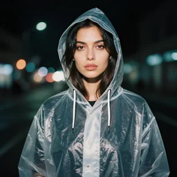 detailed and realistic portrait photography at night of a woman wearing a transparent raincoat with hoodie by Alessio Albi. Cinematic. Lens flare. Portra 800 film. Helios 44m. Neo noir style.