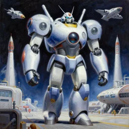 an intricate, highly detailed oil painting of a giant anime robot with rounded and circular parts walking towards a spaceship, in the background is a spaceport with spaceships taking off and landing, by don lawrence