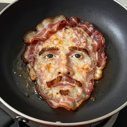 bacon being cooked fried, it looks like a face, it looks exactly like kevin bacon's face