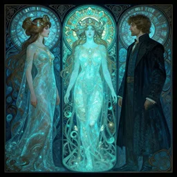 side profile photography of lawren harris and a. j. casson, maya ali, wind sorceresses, gloomhaven, luminescent, fantasy, intricate, elegant, highly detailed, luminescent, matte painting concept art, sharp focus, illustration, art by artgerm and greg rutkowski and alphonse mucha