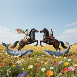 an aesthetic field of flowers, asian knight on dark horse fighting with whales, greg rutkowski, zabrocki, karlkka, jayison devadas, trending on artstation, 8 k, ultra wide angle, zenith view, pincushion lens effect