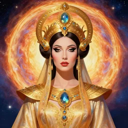 psychedelic portrait of the powerful empress of the solar system in the style of charlie bowater and in the style of donato giancola. glowing, ornate and intricate linework, sharp focus, depth of field, stunning, dynamic lighting, ultrafine and hyperdetailed.