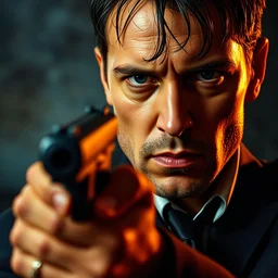 pulp fiction close up portrait photo, of matrix smith wielding a pistol, cinematic lighting, sharp focus, 4 k close up photo by lexi sun, digital colored stipple by edward gorey