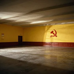 60s movie still of a sovietic stalinist style empty art museum with a soviet congress with yellow wall, kodakchrome, liminal Space style, heavy grain