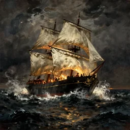 large ship being tossed about in a fiery storm in the sea, dark, low light, terrifying, beautiful, rembrandt painting