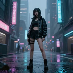 girl standing, cyberpunk city, rainy, trending on artstation, digital art