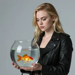 Elle Fanning as Solid Snake holding a fish bowl with an orange gold fish inside picture by Sachin Teng, asymmetrical, dark vibes, Realistic Painting , Organic painting, Matte Painting, geometric shapes, hard edges, graffiti, street art:2 by Sachin Teng:4
