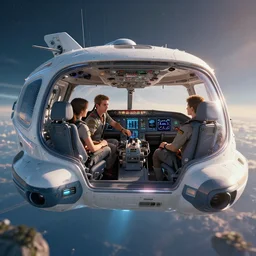 photo of the young crew in the cockpit of the multiverse hopping van ship, stunning light