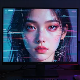 A broken monitor with the calm face of an AI woman on it. Expressed eyes. Very very very strong glitches on the monitor. The face is glitches. Scanlines and jitter effects. Extremely high detail, glitchcore, glitches, glitch, cyberpunk, deep colors, 8k render