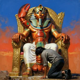 lobster as an egypt god sitting on a glorious throne, a person bending knee front of him worshipping him, 1 7 th century, digital art, wet - on - wet technique, realistic, expressive emotions, intricate textures, illusionistic detail, peter mohrbacher, epic, artstation, vivid sky, junji ito, detailed hands, detailed faces,
