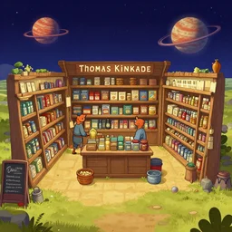 inside a general store, in a remote outpost, on a remote planet, from a point and click 2 d graphic adventure game, art inspired by [ thomas kinkade ] and mark keathley