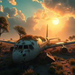 a wholesome animation key shot of a post apocalyptic airport, remains of an airplane covered by nature hipster vibes by studio ghibli, animation, sharp, rendered in unreal engine 5, focused, anime key art by greg rutkowski, bloom, dramatic lighting
