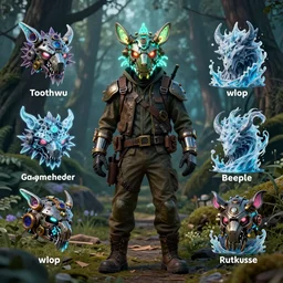 gamekeeper hunting for mystical forest monster and wearing a steampunk and neonpunk mechanical fluorescent mystical animal mask realism in style of fornite game. full body, product introduction photos. bio luminescent, plasma, ice, water, wind, creature, artwork by tooth wu and wlop and beeple and greg rutkowski, epic cinematic shot, perfectly defined features, ambient occlusion
