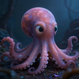 cute lil cephalopod character, close - up portrait, one big eye and many tentacles, cutesy, cinematic 3 d pixar style, trending on arstation octane rendered in 8 k unreal engine 5, cinematic and dramatic, gloomy, mystic and magical, fantastic and whimsical