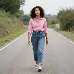 an exhausted woman with curly hair, pink shirt, and high rise jeans walking up a hilly road by cedric petravernay, trending on art sation