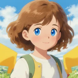 a very cute seven year old girl with short curly light brown hair and blue eyes as a pokemon trainer, clear detailed faces. beautiful painting by artgerm and greg rutkowski and ken sugimori and ilya kuvshinov