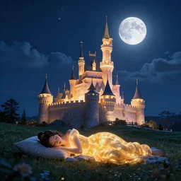 realistic photo : a glowing sleeping beauty castle on a countryside at night under the stars, a full moon, and clouds