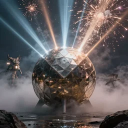 parabolic hyperboloid platonic solid monster in magic background fog lasers fireworks