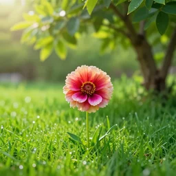 A beautiful and colorful flower in the middle of a green and beautiful garden where water drops shine on the grass and the sun shines gently on the leaves of the tree in the garden, professional photography