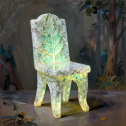 luminescent greek marble chair with leaf. painting by karl blossfeldt, agnes pelton