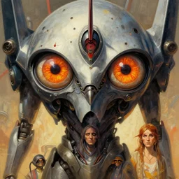 close up sci - fi hippie poster art simon stalenhag monster eyes, gundam jaeger, elegant, highly detailed, centered, digital painting, concept art, smooth, sharp focus, illustration, artgerm, tomasz alen kopera, peter mohrbacher, donato giancola, joseph christian leyendecker, wlop, frank frazetta