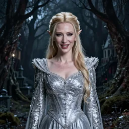 portrait of mischievous, baleful Cate Blanchett's Galadriel as a queen of elves, dressed in a beautiful silver dress. The background is a dark, creepy eastern europen forrest.  night, horroristic shadows, high contrasts, lumnious, theatrical, character concept art by ruan jia, thomas kinkade, and J.Dickenson, trending on Artstation