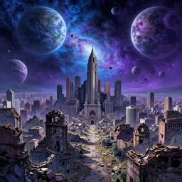 A ruined cityscape with a sky that is a cosmos of broken planets by Daniel Sampere. Hyperdetailed. 8K Resolution. Comic Illustration. HD. 16k resolution HD HDR. Blue and Purple colored.