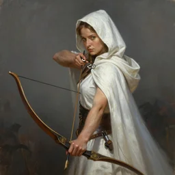 portrait of an woman wearing a white cape with a hood and holding an hunter bow, Matte painting , detailed painting, made by Greg Rutkowski, 4k, atmospheric