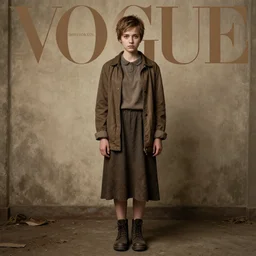 vogue magazine cover : full - body portrait of shortpixiecut sadie sink as a poor girl in a brown faded decaying oversized old man's coat and wearing a yellow scarf. defiant : soviet steamcyberpunk, ultrarealistic, photorealistic, intricate detail, photograph by anne leibovitz
