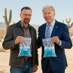 Joe Biden and walter white holding ziploc bags of crystal blue meth, in the desert, film still, 4k, photorealistic, hd