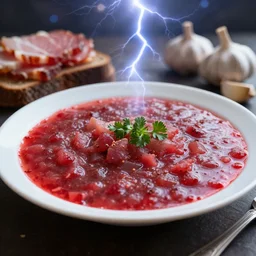 plate of borscht, brown bread with sliced salo, hyper realistic, extremely detailed, foodphoto, photorealism, garlic on background, side view, bokeh, epic lightning, yamy, leica 8 5 mm f 1. 5!!
