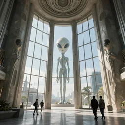the inside of a monument with alien motifs, by tim blandin and arthur haas and bruce pennington and john schoenherr, big windows architecture by zaha hadid, octane render, cinematic, scenery, cgsociety, modernism, futuristic, trending on artstation, sci - fi, high detail, high quality, close up angle, people walking