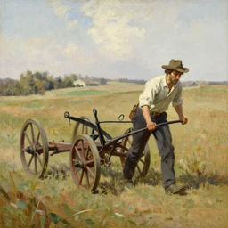 mule pulling plow, oil painting by woodie long,