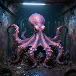 a menacing octopus made a nest in an abandoned subway, illuminated by iridescent lights, 3d digital art, 8k