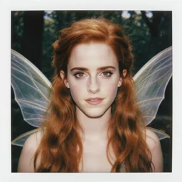 polaroid photographic closeup portrait of emma watson with red hair, as a fairy, fairy wings in the forest
