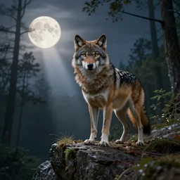 A intimidating hybrid of a wolf and a nightjar, the hybrid is stood on a cliff's edge, looking straight ahead, rays of moonlight illuminating a forest backdrop