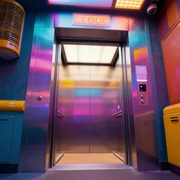 a big realistic detailed colorful vibrant photorealistic cyberpunk elevator,