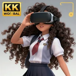 anime girl with curly long hair wearing vr goggles and school uniform, aesthetic, wlop, digital painting, trending on artstation, highly detailed, epic composition, official media, 8 k uhd