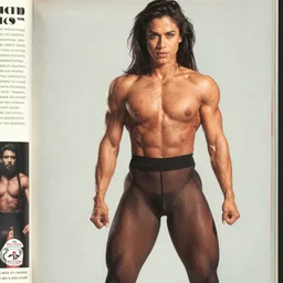 a very muscular beautiful woman, tights, a 1 9 9 0 magazine page