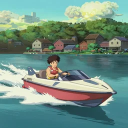 Axopar 37 speedboat going full speed in front of shoreline city in anime cyberpunk style by Hayao Miyazaki