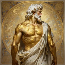 painted back portrait of rugged zeus greek god by greg rutkowski craig mullins artgerm alphonse mucha, messy streaks gold body paint, white hair handsome muscular upper body mature flowing robe [ ancient greek motifs ] background fantasy intricate elegant detailed digital painting concept art artstation sharp focus illustration
