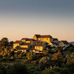 some houses on the hill in the dordogne in france. beautiful sunset. - n 4