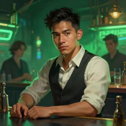 character concept portrait, latino bartender, cyberpunk bar background, digital painting, green neon, bokeh, detailed, highly detailed, smooth, sharp focus, illustration by ruan jia and mandy jurgens and william - adolphe bouguereau, artgerm