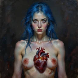 painting of a beautiful goddess with blue hair, unclothed, soaked in blood, her beating heart exposed, she stares directly at the viewer, by Jeremy Mann, stylized, detailed, realistic, grim, dark tones, intimate, loose brush strokes