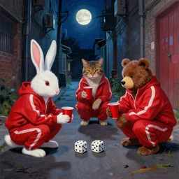 anthropomorphic rabbit, dog, cat and bear wearing red track suits on a shady street playing dice in an alleyway squatting while holding red solo cup during midnight in the style Jean-Michel Basquiat. Neo-expressionism Night time Midnight Moon Furry Fandom Anthros 4k Painting