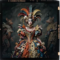 kodak portra 4 0 0, wetplate, photo of a surreal artsy dream scene, girl, photorealistic face, weird fashion, grotesque, extravagant dress, carneval, animal, photographed by paolo roversi