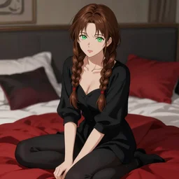 beautiful woman with braided brown hair and green eyes, sitting on her bed, black and red colors, highly detailed, in the style of and ilya kuvshinov and greg rutkowski, high quality anime artstyle, intricate