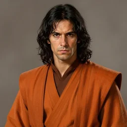 portrait of a man by greg rutkowski, jedi master, arabian features, messy long black hair, wearing orange jedi robes, star wars expanded universe, he is about 6 0 years old, highly detailed portrait, digital painting, artstation, concept art, smooth, sharp foccus ilustration, artstation hq